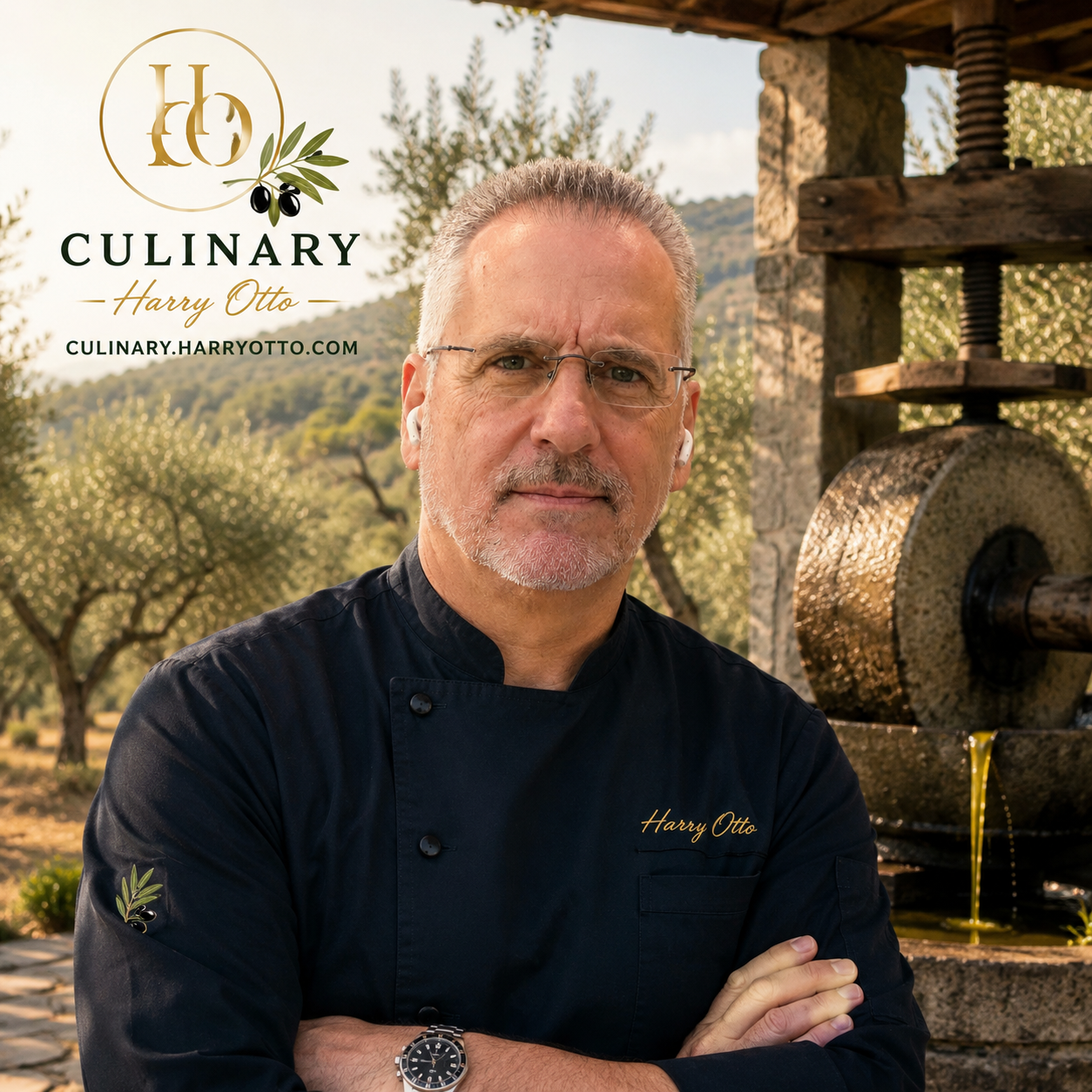 Harry Otto in an olive grove with traditional olive press
